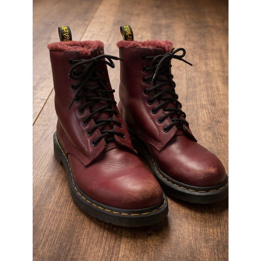 Dr Martens Serena 1460 Faux Fur Lined Leather Boots Oxblood Burgundy Women 8